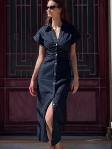 Women's Spring Summer Dark Wash Denim Dress Fit, Womenswear, Ruched Waist, Short Sleeves, Button Front, Casual Fashion, Midi Length, Plain Pattern, Daily Wear