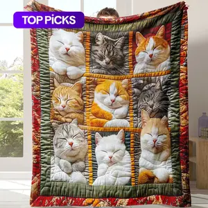 Cat Pattern Flannel Blanket, 1 Count Soft Comfortable Throw Blanket with Storage Bag, Air-conditioned Room Blanket, Warm Nap Blanket for Home Office Travel