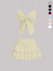 Women's Solid Ribbed Strappy Front Top & Tie-Side Skirt Set - Airy Breathable Casual Style for Summer Adventures