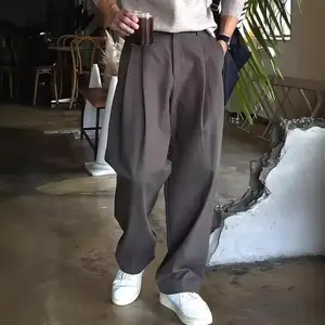 Dark Gray Pleated Men's Trousers with Hidden Button Design, Snap Button Long Pants, Casual Versatile Suit Pants, Wide-Leg Suit Trousers