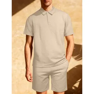 New men's two-piece plain color casual sports Fitted polo shirt and drawstring waist shorts set, casual short-sleeved collarless top and pocket shorts, a full set of men's clothing, summer men's clothing set