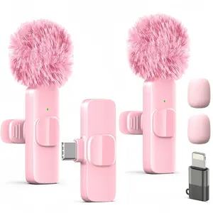 Wireless Mini Microphone for iPhone, iPad, Android, 2 Pack Lavalier Mic with Rotatable Clip, Plug and Play Noise Reduction USB-C Mic for Video Recording YouTube TikTok Content Creators, Pink
