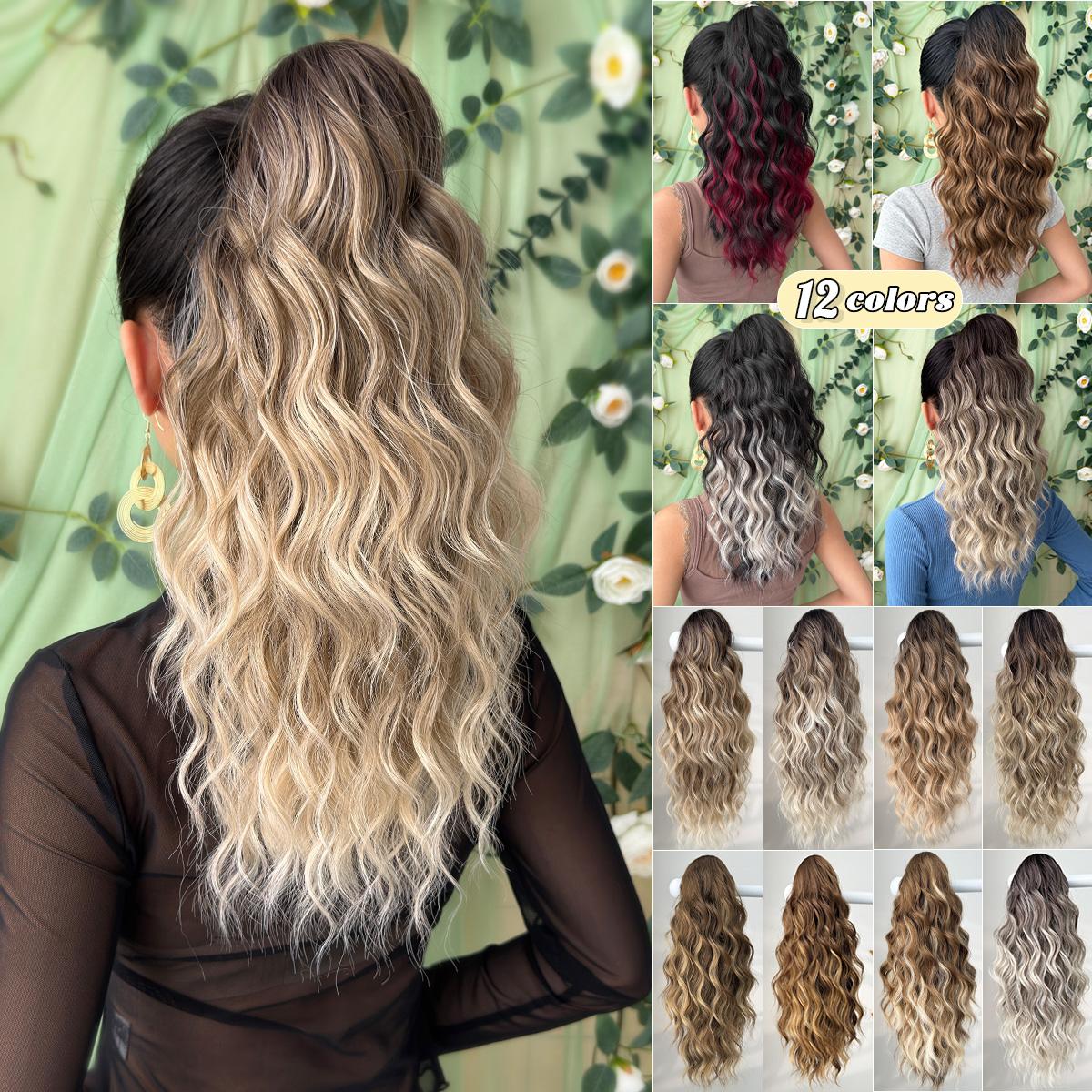 HEYPINK Short Claw Ponytail Extension - 18in Black-Brown Ombre Water Wave, Heat-Resistant Synthetic Fiber Hairpiece with Hair Transition for Women, Party & Daily Use
