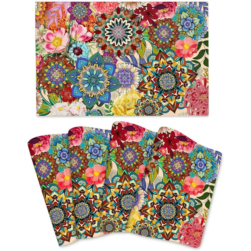 Boho Floral Household Placemats Set of 4 (12"x18"), Colorful Printed Non-Slip Reusable Wood-Inspired Kitchen Decorative Placemats, Washable Fold-and-Store Table Mats, Gifts for Women (Birthday, Housewarming)
