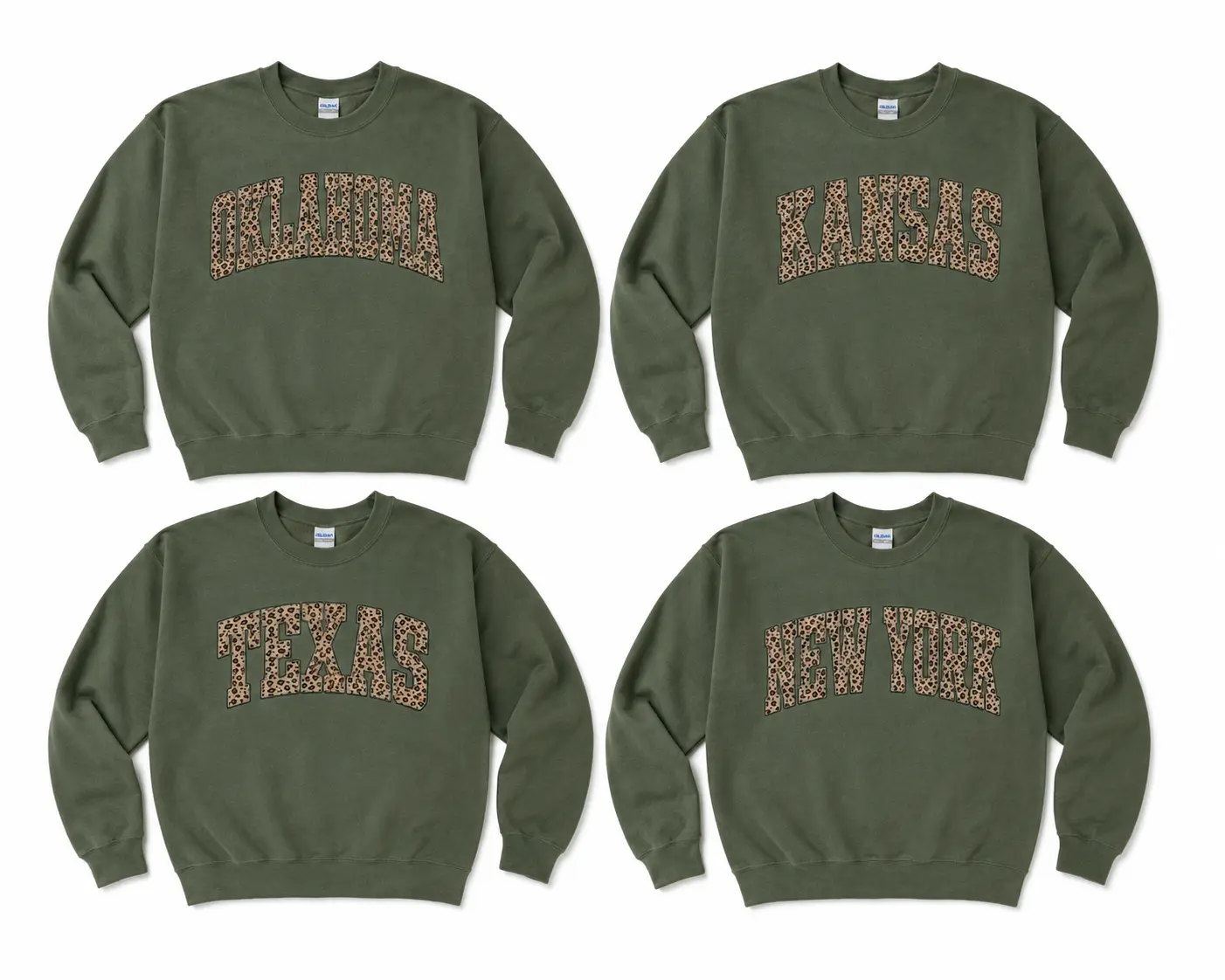 Custom 50 State Leopard Print Sweatshirt, Custom Kansas Texas Ohio Georgia New York Crewneck, Vintage College Letter Sweatshirt, Family Matching Gift, Birthday Gift, Mother's Day Gift, Military Green - DarkFlex