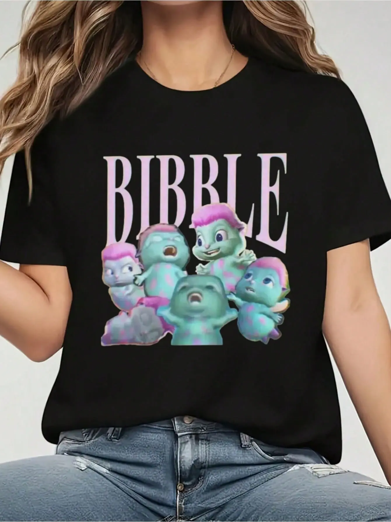 100% Cotton Vintage Bibble Collage T-Shirts For Crewneck Fashion Loose Casual Sports Summer Crew Neck Short Sleeved Top Women's Tops