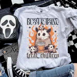 Mama - Busy Raising Feral Children Raccoon Opossum  - Ash Grey - Sublimation-  - Unisex Jersey Sweatshirt funny sweatshirts