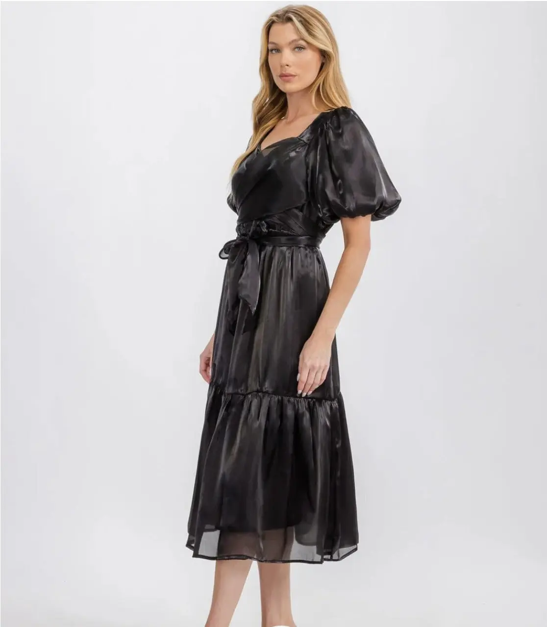 "Ashely" Short Puff Sleeve Self Tie Midi Dress