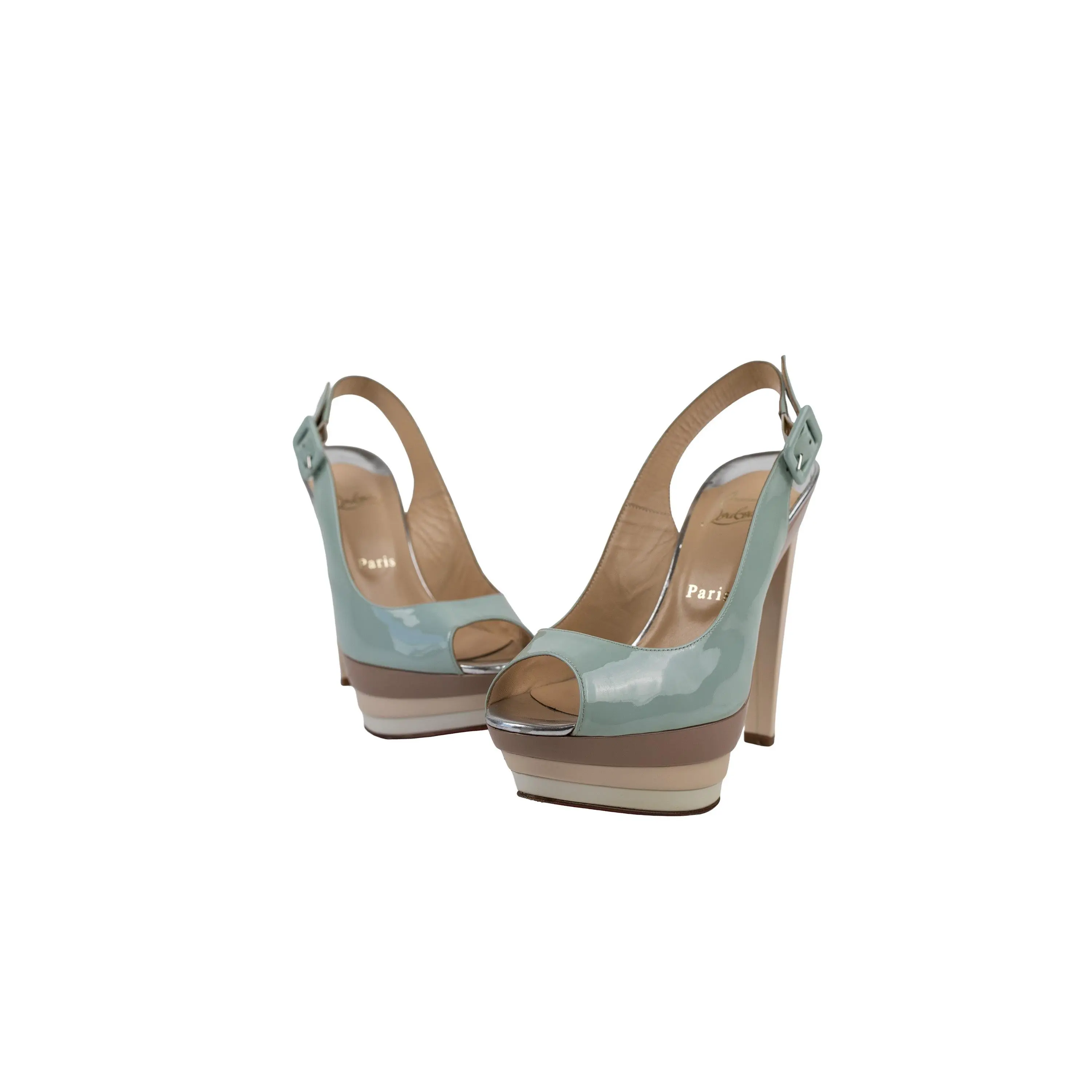 Christian Louboutin Mint Taupe Cream Patent Leather Triple Platform Peep Toe Slingback Size 38