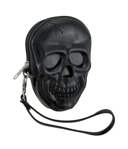 Glossy Black Molded Skull Shaped Wristlet Purse w/Removable Strap