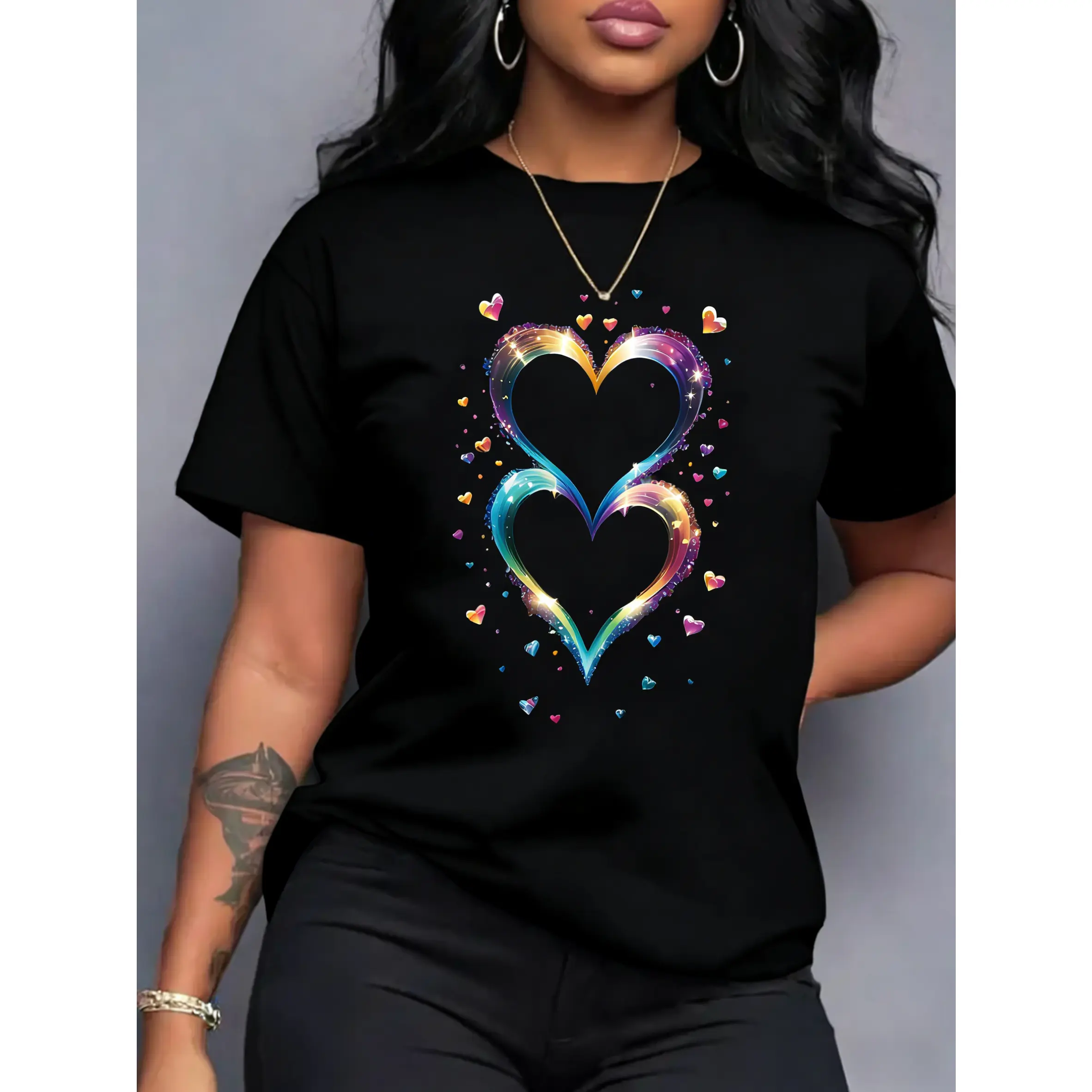 Women's 100% Pure Cotton Printed Short Sleeve Tee Top - Smooth Fabric, Fitted Round Neck, Heart-Themed Print, Multiple Colors, Comfortable Casual Tshirt