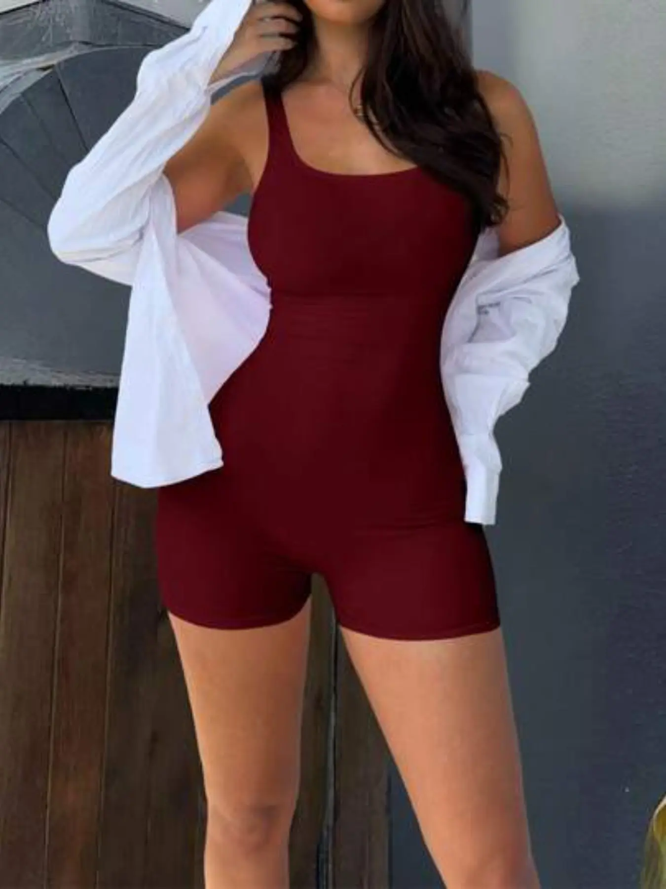 Wine Red Basic Sleeveless One Piece Romper Womens Summer Bodycon Jumpsuit Stretchy Stretch Slim Fit Square Neck Short Length Casual Chic Outfit Street Style Daily Wear Vacation Going Out Trendy Womens Fashion Sleeveless Unitard