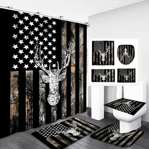 American Flag Deer Hunting Bathroom Set, Waterproof Shower Curtain with 12 Hooks, Non-Slip Mat, U-Shaped Pad, Toilet Lid Cover, Shower Curtain Sets