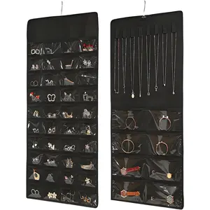 48 Pockets Hanging Jewelry Organizer with Necklace Straps, Double-Sided Black Closet Jewelry Holder for Space-Saving Storage of Earrings, Bracelets & Necklaces