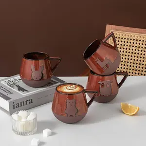 Animal Pattern Ceramic Coffee Mug, 4 Counts/set Cute Coffee Cup, Milk Cup, Iced Coffee Cup, Drinking Cup for Home Office Use, Gift for Friend, Drinkware