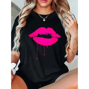 Cotton Pink Hot Lips T Shirt with Neon 80s Lipstick Kiss Design Ideal for Parties and Casual Wear
