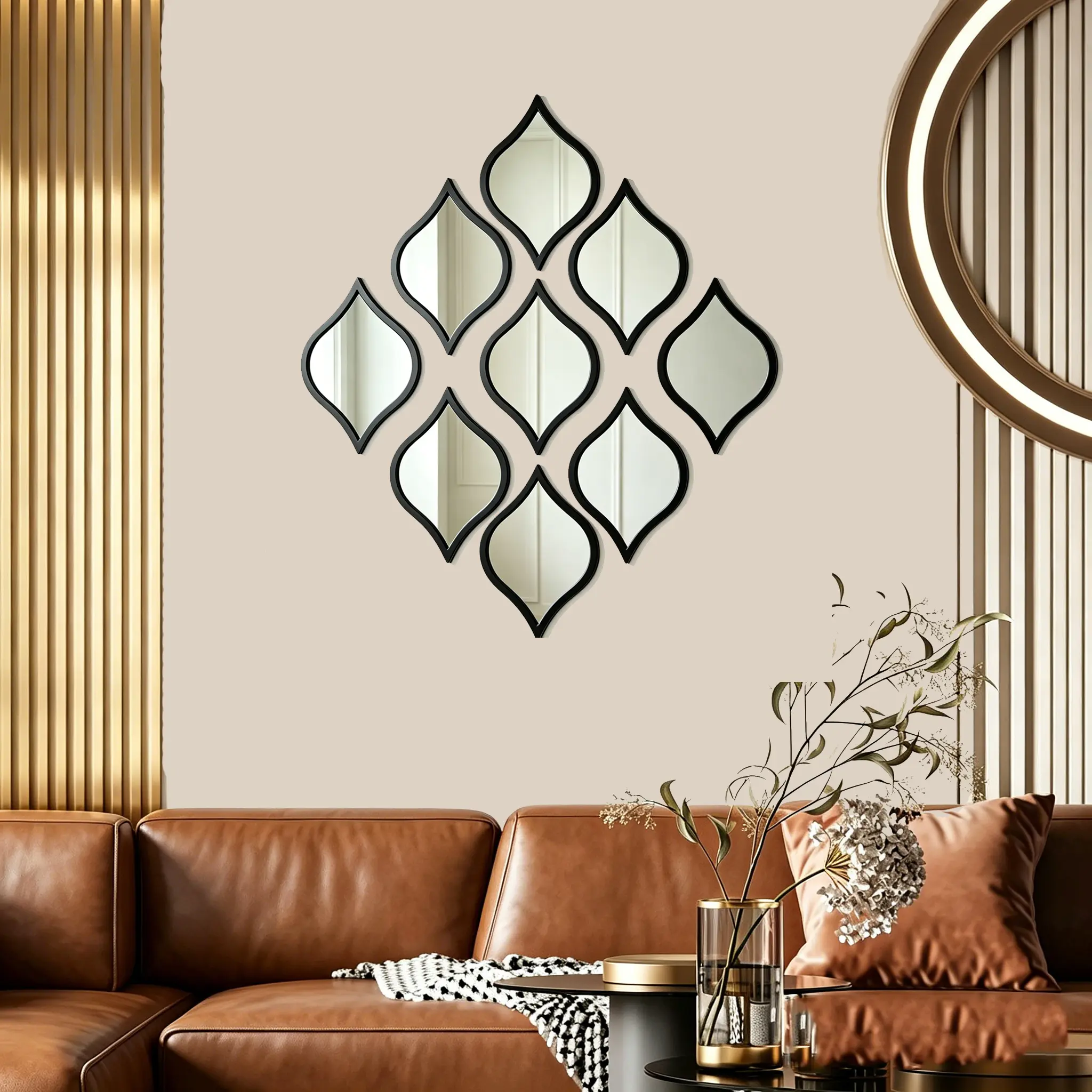 3D Teardrop Petal Acrylic Mirror Wall Stickers, Black Framed 4-Set Self-Adhesive Mirror Tiles, room accessories entryway decor fall decor wall decorModern Wall Decor for Living Room, Bedroom Housewarming Home Decoration interior