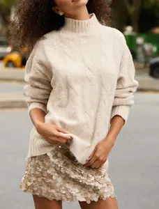 Lulus Brinsley Heathered Beige Cable Knit Sequin Turtleneck Sweater