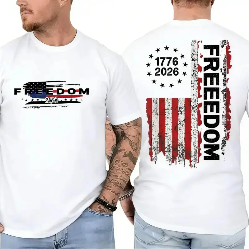 Unisex Slim Fit Patriotic Sports Top - Freedom 1776-2026, Vintage Distressed USA Flag Graphic, 250 Years American Freedom, Front & Back Print, Soft US Cotton, Moisture-Wicking Compression T-Shirt compression shirts