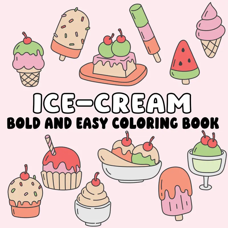 Kids' English Ice Cream Designs Coloring Book - 112-Page Trade Paperback, 8.5 x 8.5 in Square Hold, Bold Lines, Vibrant Artworks, Relaxation, Perfect for Beginners, Ages 8+ Gift (Children's Literature & Art)