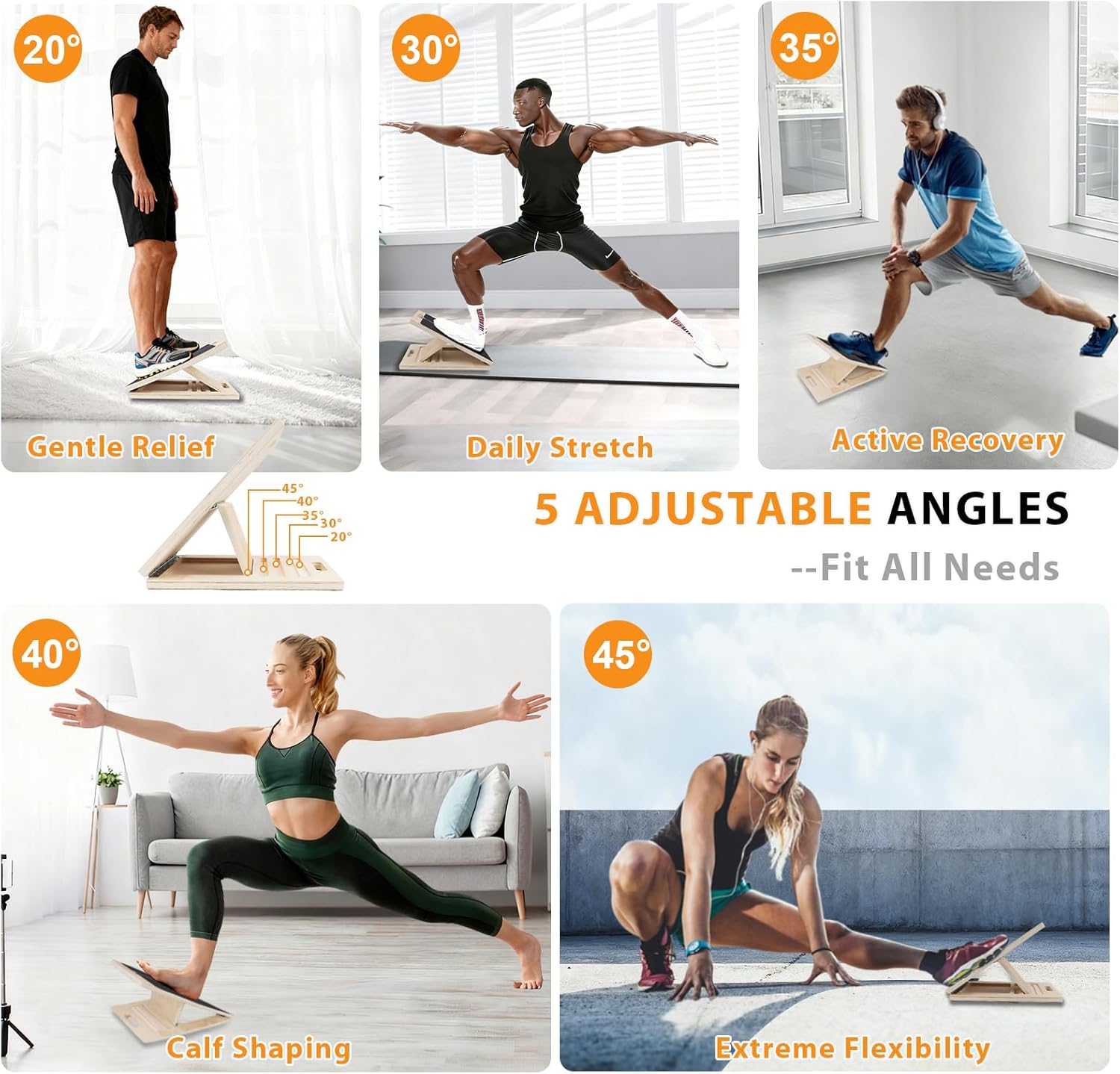 Slant Board for Calf Stretching, Adjustable Wooden Incline Board with Anti-Slip EVA Base, 300LB Capacity Portable Calf Stretcher for Physical Therapy, Squats, Ankle & Heel Support at Home/Gym