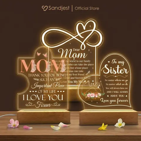 SANDJEST Acrylic Plaque Night Light with Wood Base, USB Powered Corded Warm Light, Home Table Bedside Decor, Festive Gift for Mom, Sister, Bestie, Christmas Gift Cozy Fall