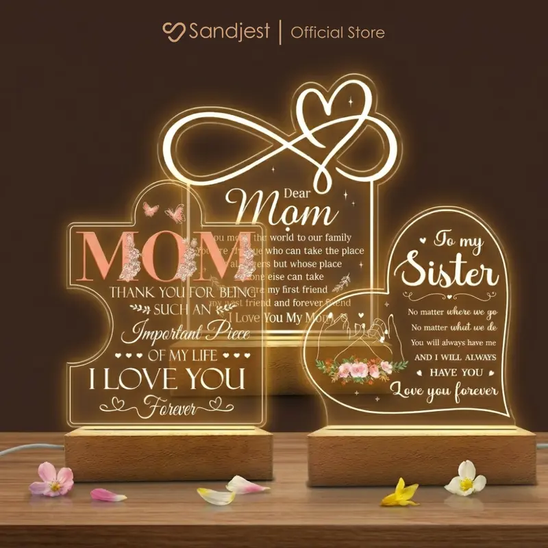 SANDJEST Acrylic Plaque Night Light with Wood Base, USB Powered Corded Warm Light, Home Table Bedside Decor, Festive Gift for Mom, Sister, Bestie, Christmas Gift Cozy Fall