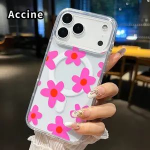 Clear Phone Case for iPhone 17 16  Pro Max Plus 15 14 13 12 11 Air E Pink Flower Dream  Pattern Magnetic Sunction Acrylic Back Full Body Protective Cover