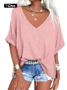 Women's V Neck Batwing Sleeve Stretchy Fit Tee, Casual Plain Short Sleeve Everyday T-Shirt Top, Ladies Clothes for Daily Wear Womenswear