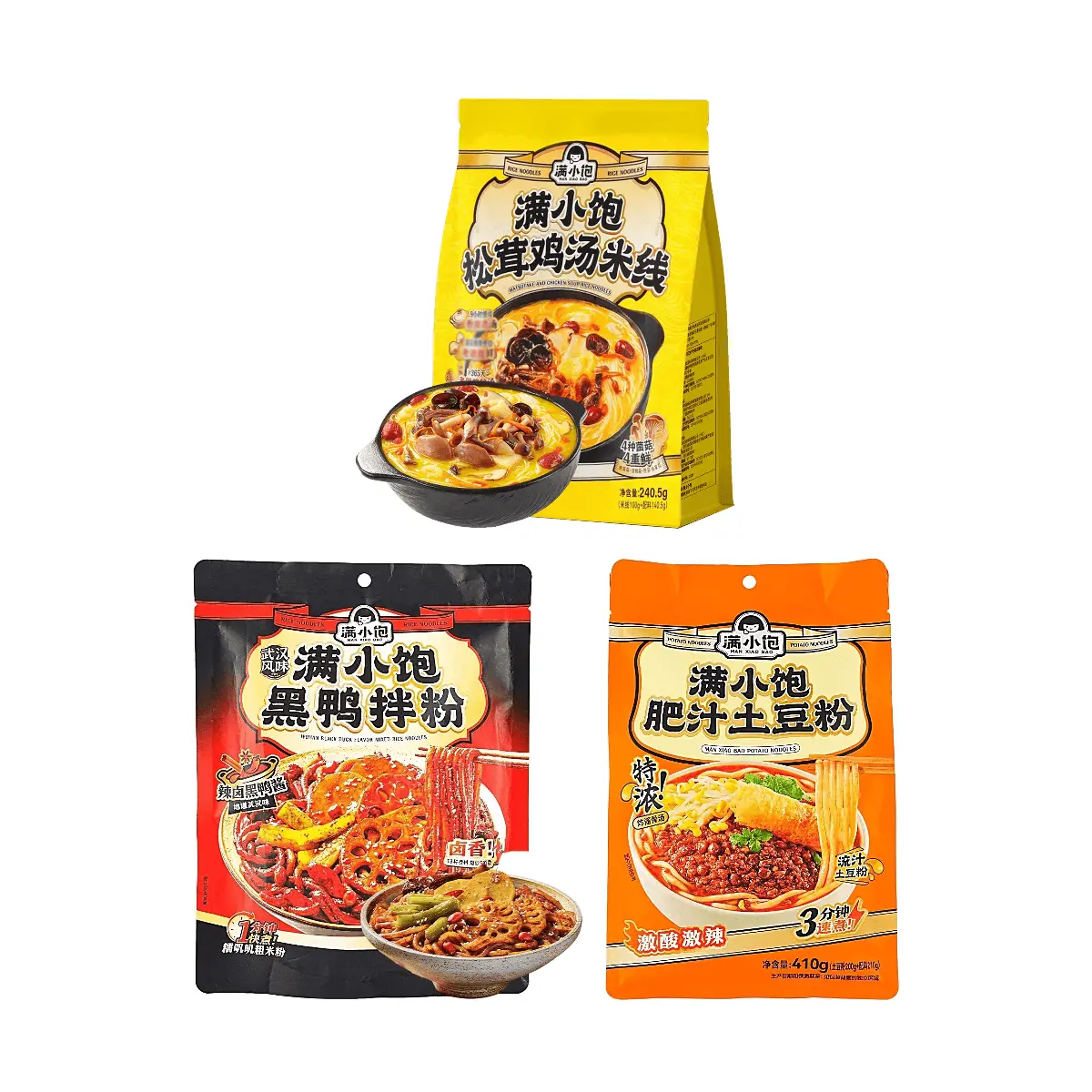 3 Pack ManXiaoBao Chinese Instant Noodle Variety - Matsutake Chicken Soup Rice Noodles + Black Duck + Potato Noodles 33.31 oz