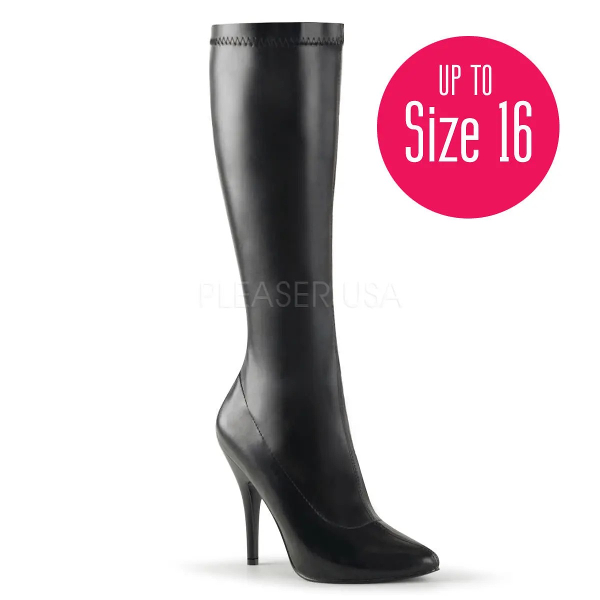 Women's Seduce-2000 Style Knee-High Boots, Plain Black Stretch PU, 5-Inch Stiletto Heel, Full Side Zipper, Synthetic Evening Shoes
