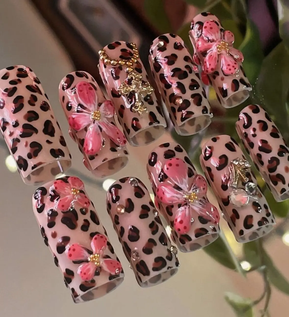 Handmade Leopard Print Press On Nails | Long Square Nails with 3D Pink Flowers, Rhinestones & Luxury Glam Nail Art with FREE Adhesive Tabs FREE Nail File FREE Cuticle Stick