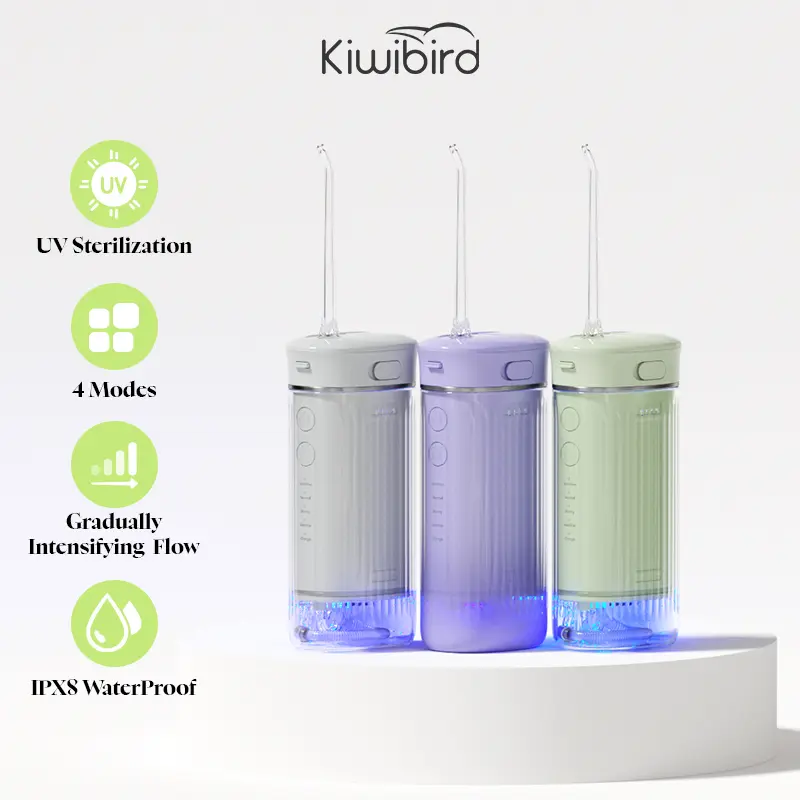 KIWIBIRD Water Flosser, Portable Cordless Oral Irrigator with UV-C Sanitization, Teeth Cleaner for Plaque Removal & Fresher Breath, 3 Modes & 4 Tips, IPX8 Waterproof, Fast Charging for Home & Travel, Personal Care Appliances