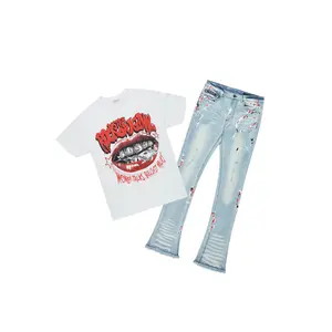 Bloke White/Blue T-Shirt/Stacked Flare Jean Set