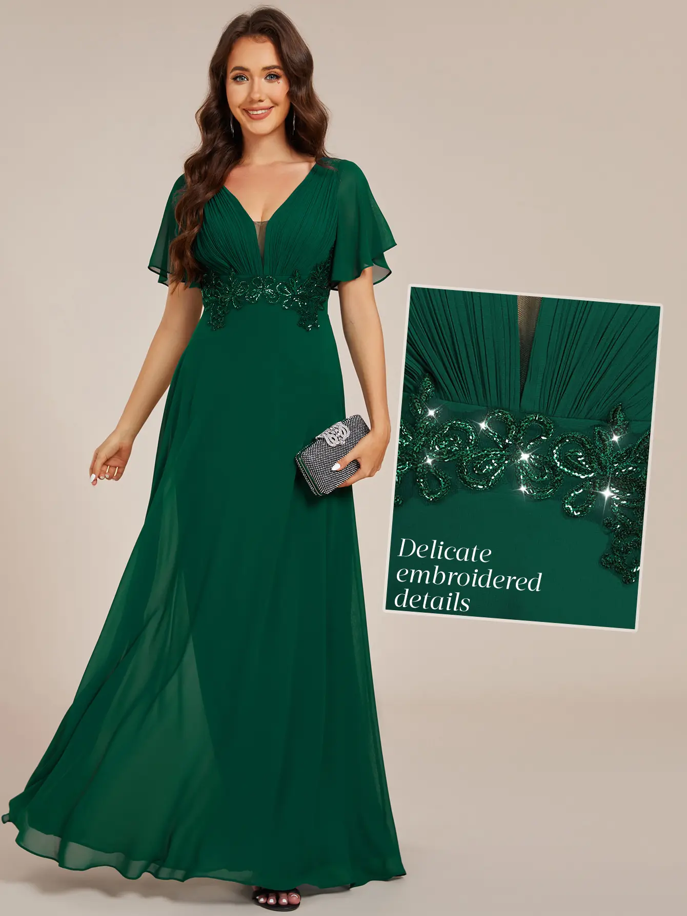 EVER PRETTY Women's Formal Evening Gown - Short Sleeve, Deep V-Neck, Pleated Chiffon, Hidden Zipper, Floor-Length, All Seasons for Formal Parties, Weddings, Pleated Detail