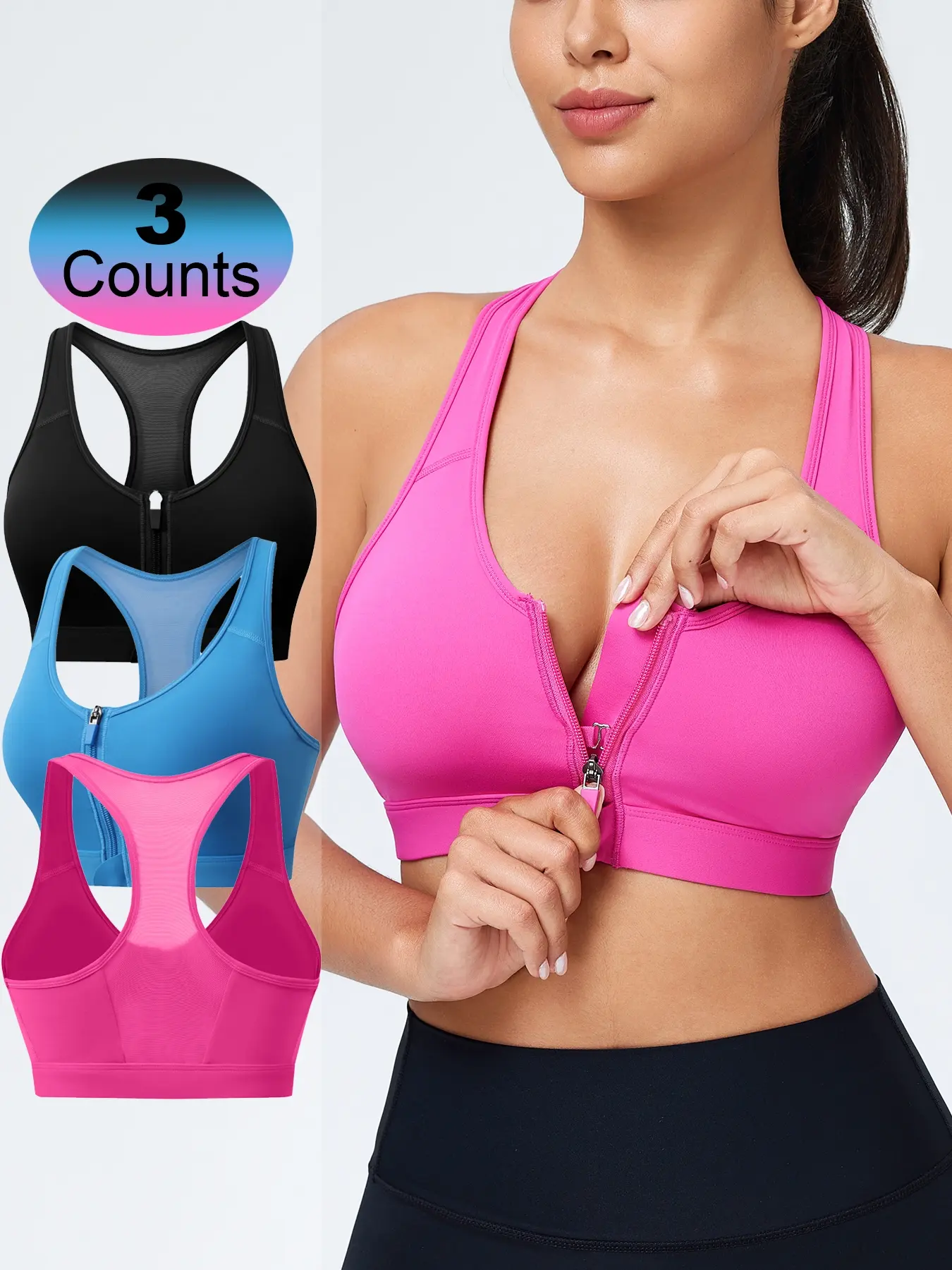 Women's Solid Zip Front Sports Bra, Breathable Comfortable Removable Chest Pads Racerback Sports Bra, High Impact Sports Bras for Women Workout Fitness Running,Christmas Gifts for Women