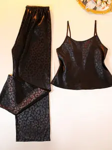 Women's Woven Lace Backless Leopard Tank Top & Pants Set, Round Neck Casual Comfortable 2 Piece Sleepwear, Fashionable Leisure Wear Pajama Set