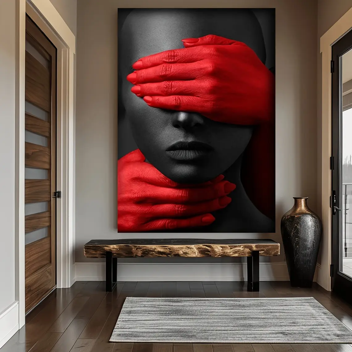 Wooden Framed Artistic Modern African Woman Red Hand-Accented Canvas Art Print - 1-Piece Multi-Size 24×36inch(60×90cm) Home/Office Wall Mounted Decoration, Bright Red & Black Wall Accent, One-Piece