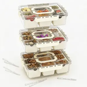 3 Pack, Beige Divided Serving Tray with Lid and Handles 9 Compartments Snack Box Container Charcuterie Organizer Snackle Box Container for Candy,Nuts,Fruits,Snacks