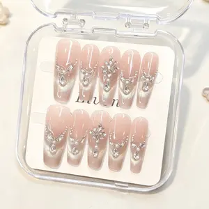Handmade Nude Pink Ombre Silver Cat Eye Press On Nails - Luxury Silver Floral & Teardrop Rhinestone Chain Accents, Long Coffin Reusable Fake Nails, Bridal Salon Quality