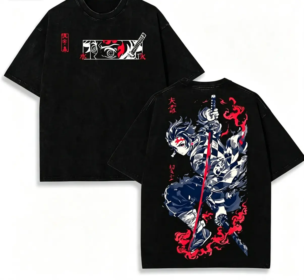 Tanjiro Kamado Water Breathing shirt, Demon Slayer t-shirt, Menswear Anime Double Printed Oversize Lightweight Acid Washed Tee, Gift For Anime Merch retro print fun story shirt new york t-shirt all-season casual teeny t-shirt gift good graphic shirt