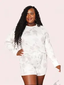 Double Take Floral Long Sleeve Top and Shorts Loungewear Set Comfort Pajama Printed Nightwear Womenswear Casual Chic Drawstring Hip Round Neck Longsleeves Polyester Pajama Set Pjs Homewear Lady Women Underwear Stretchy Spandex summer loungewear