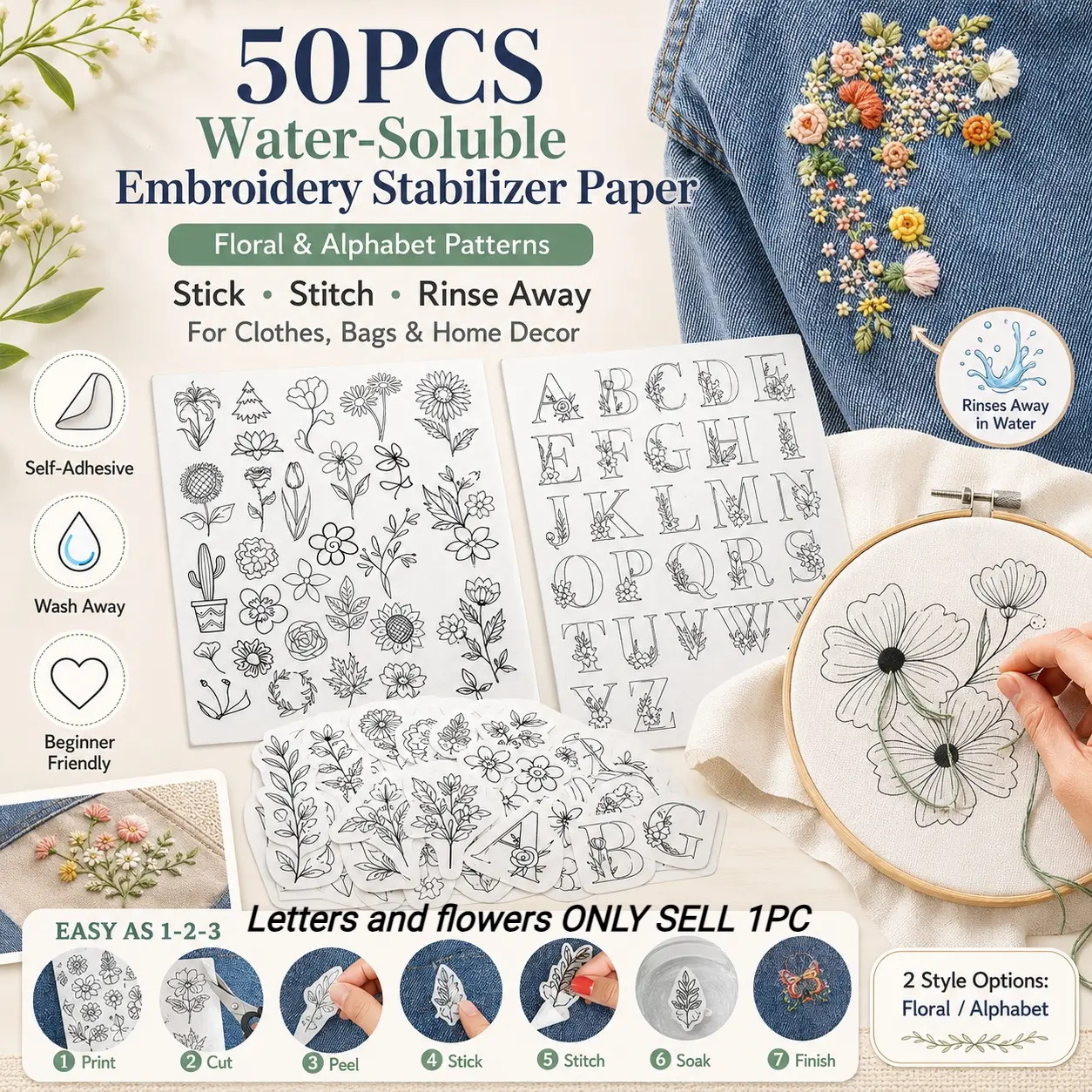 50Pcs Water Soluble Embroidery Stabilizer Paper, Boho Floral Alphabet A-Z Pattern Stickers, Wash Away Hand Sewing Transfer Sheets for Needlework, Cross Stitch, DIY Craft Projects, Beginner Embroidery Kit Supplies for Clothes, Bags & Home Decor