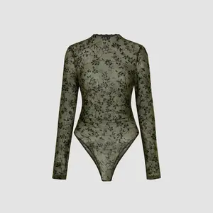 Cider [2 colors, size 0-26] Stand Collar Floral See-through Lettuce Trim Bodysuit