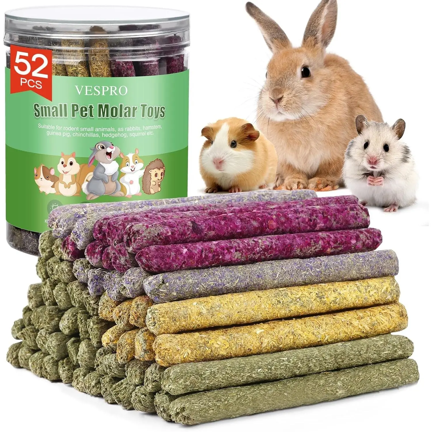 52-Piece Timothy Hay Rabbit Toys Grass Chew Sticks, Enriched with Mixed Flowers (Roses, Calendula, Forget-Me-Not) for Small Animals (Guinea Pigs), Timothy Hay For Rabbit