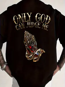Men's Plus Size 'ONLY GOD CAN JUDGE ME' Black Shirt - Bold Golden Text with Intricate Prayer Hands Design, Stylish and Statement-Making Top for Confident Individuals