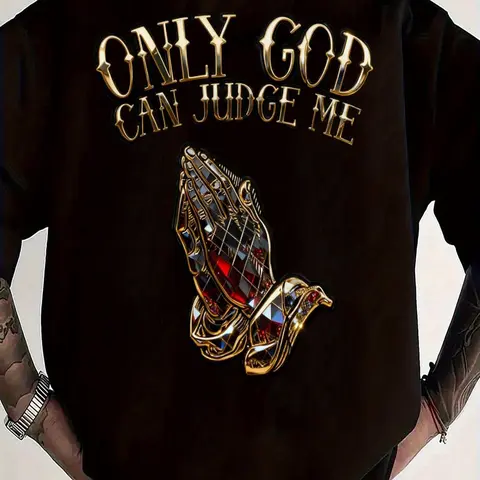 Men's Plus Size 'ONLY GOD CAN JUDGE ME' Black Shirt - Bold Golden Text with Intricate Prayer Hands Design, Stylish and Statement-Making Top for Confident Individuals
