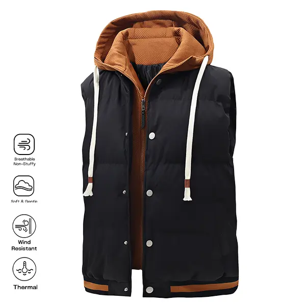 Men's Hooded Puffer Vest, Thermal Sleeveless Jacket, Casual Zip-Up Bodywarmer for Autumn and Winter, Comfortable Streetwear Layering Piece