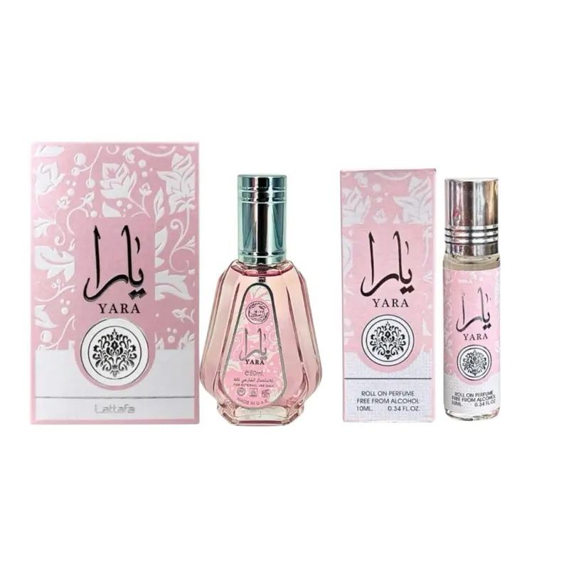 Yara 50 ml & 10 ml Rollon Oil Women's Perfume Gift Set, Long-Lasting Arabic Fragrance with Floral & Fruity Vanilla Notes,Arabic Scent, Floral Fragrance Long Lasting Perfumes, Bottle Set Women's Fragrance