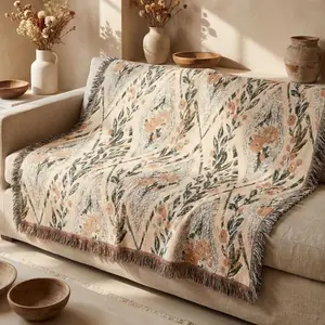 Floral Heirloom Woven Blanket, Vintage Cottagecore Cotton Throw, Cozy Grandma Gift, Neutral Boho Home Decor